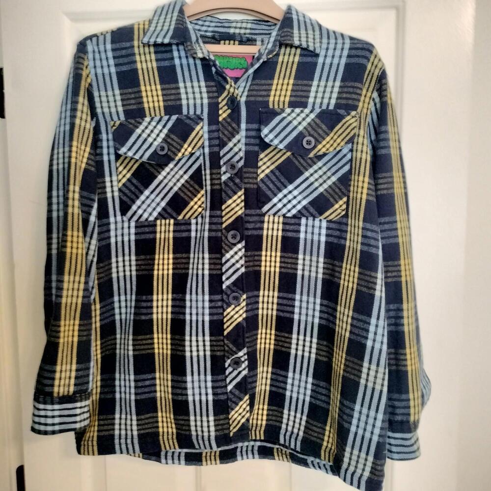 Empyre Flannel Mens Size Medium Blue Yellow Heavyweight Plaid Long Sleeve Cozy‎
